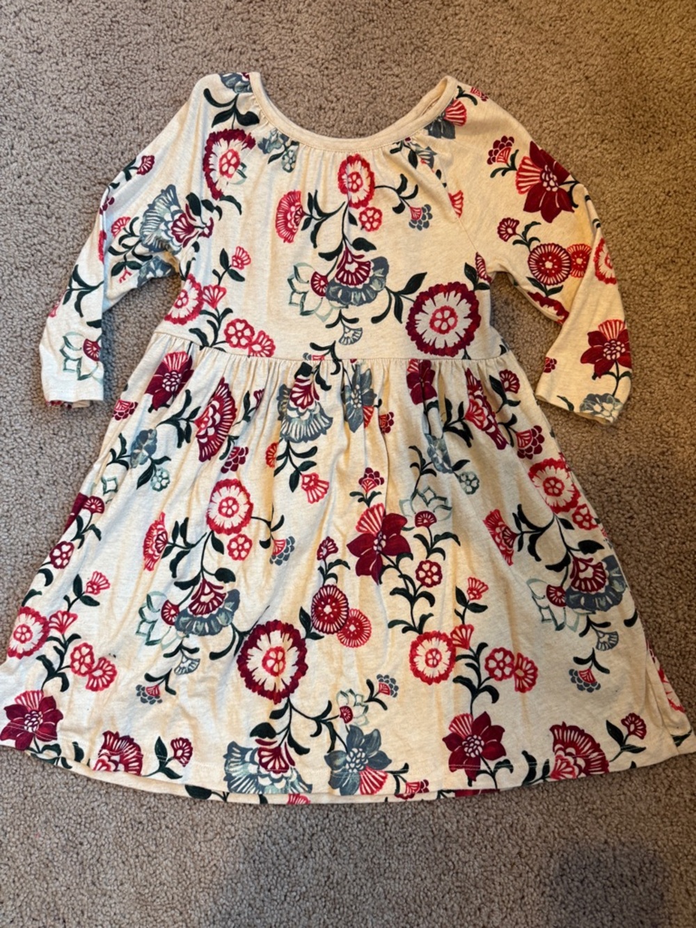 Tea Collection Cream Floral 3/4 Sleeve Twirl Dress with Red and Gray Blooms
